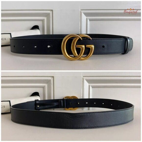 Authentic Gucci Black Calfskin Leather Gold Double G Buckle Slim Belt 80/32 main image 9